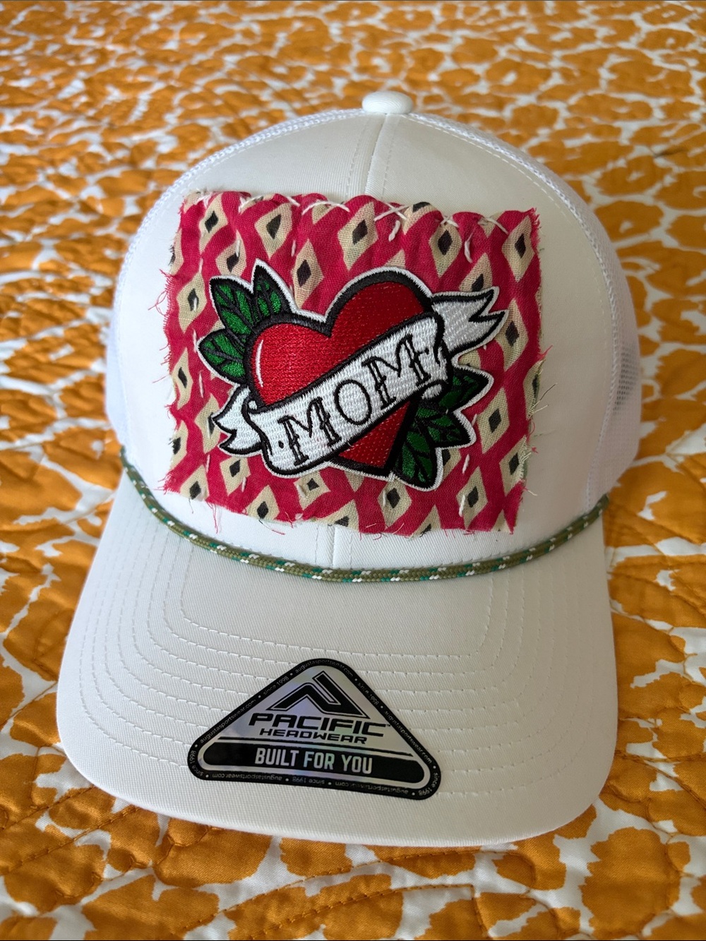 White 'MOM' Patch Trucker Hat with Pink Accent